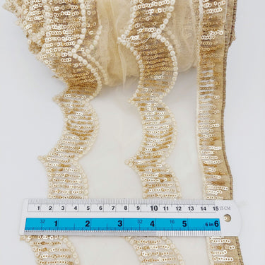 Beige Net Scallop Lace Trim with Gold Sequins, Sari Border, Embroidered Trim